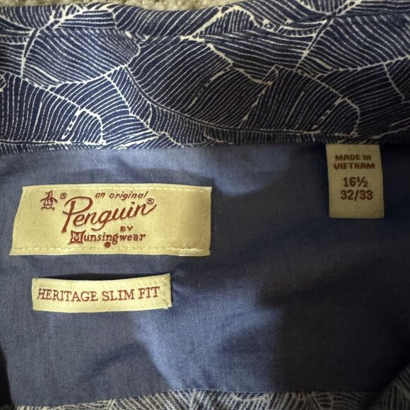 Original Penguin Shirt Mens 16.5 Blue Heritage Slim Fit Leaf Print Button Up - Picture 3 of 6